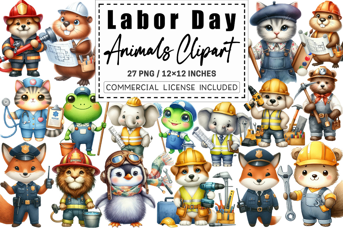 Watercolor Labor Day Animals Clipart, a Graphic by CitraGraphics (Photo 1 of 4)