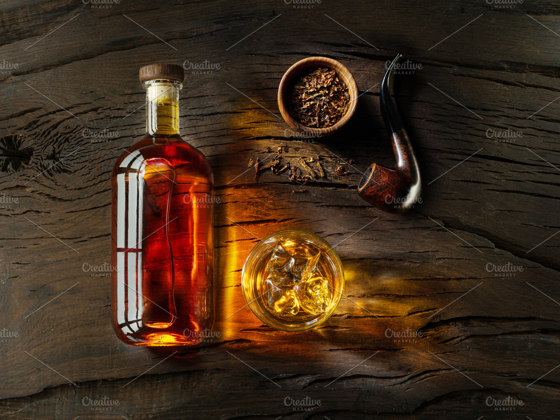 Glass of whiskey, whiskey bottle, a Food & Drink Photo by Volff