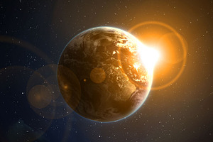 Earth with the rising sun featuring earth, space, and sun