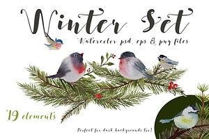 Watercolor Winter Birds and Branches
