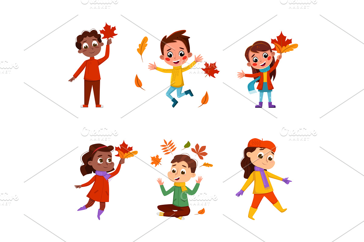 Kids with Autumn Leaf Walking, a Person Illustration by TopVectors