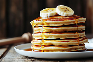 Delicious stack of pancakes with sweet syrup and banana slices on a rustic wood, a Food & Drink Photo by AlyaAnd