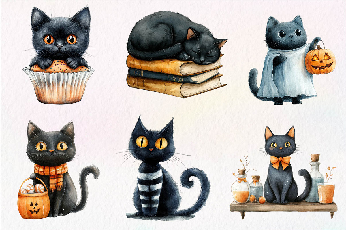 Halloween Whimsical Black Cat Clipar, an Illustration by Dream Creation (Photo 4 of 7)