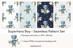 Superhero Boy Patterns & Clipart