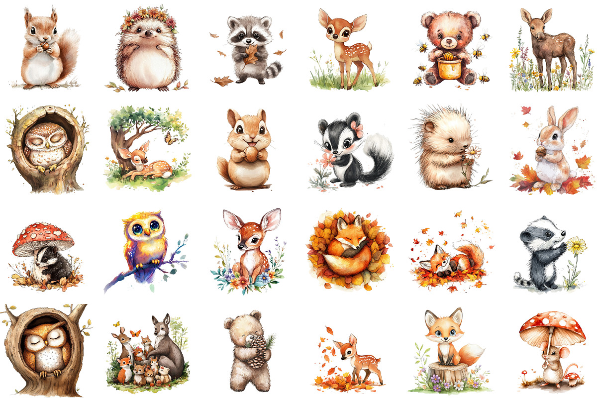 Watercolor Cute Woodland Animals Cli, an Illustration by Sublimation Artist (Photo 2 of 6)