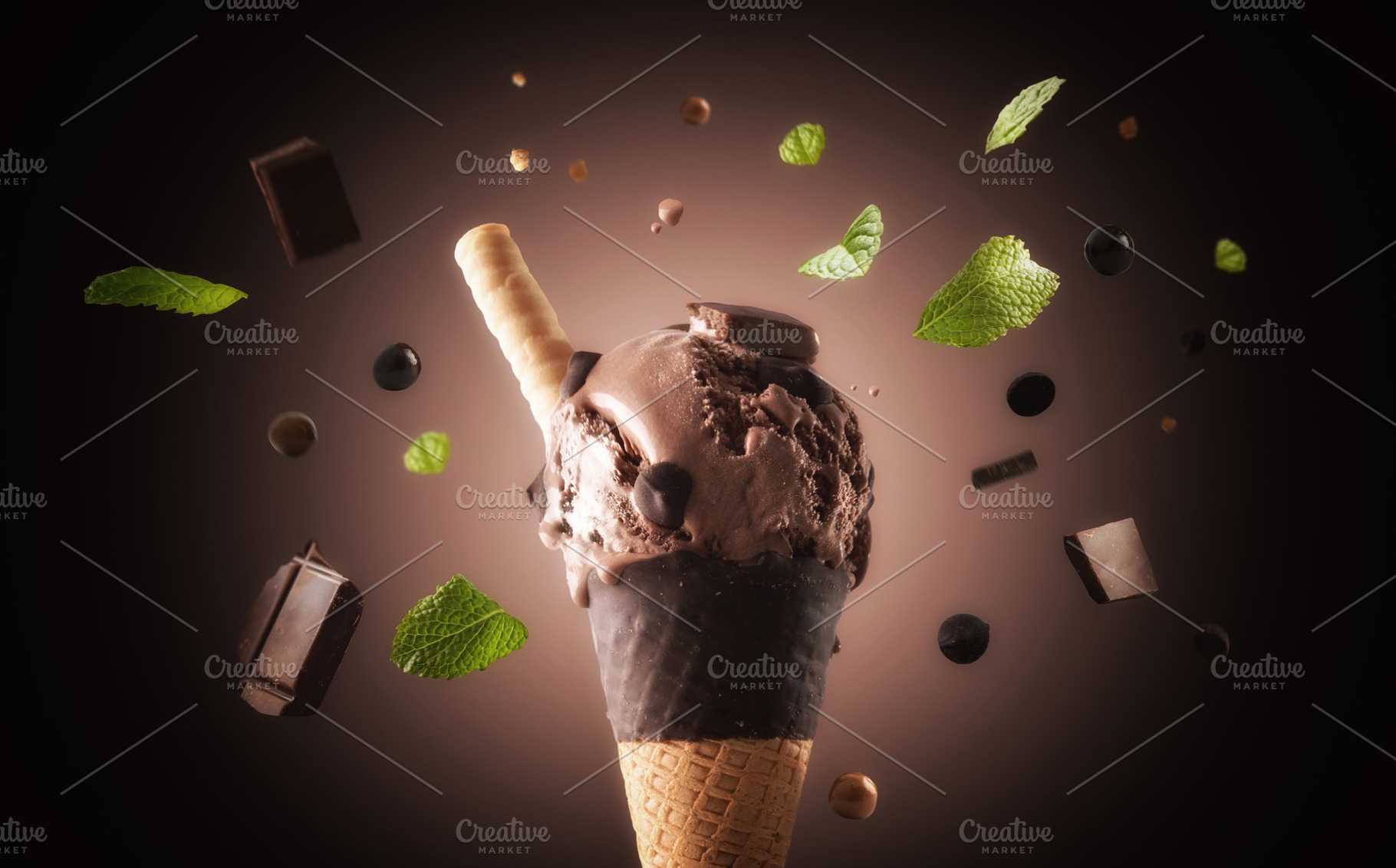 Chocolate Ice Cream Cone with Floating Ingredients, a Food & Drink Photo by Davizro's Market