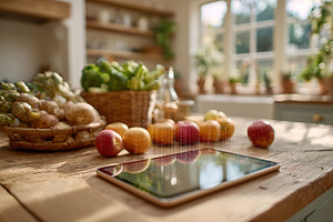 Fresh produce and a tablet on a rustic kitchen table in a sunny home setting, a Photo by AlyaAnd