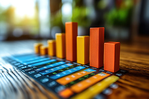 Colorful 3D bar graph on wooden tabl, a Photo by Tanuart
