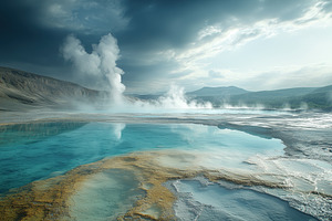 A serene geothermal landscape featuring a vibrant blue hot spring surrounded by, a Nature Photo by Textures & Backgrounds