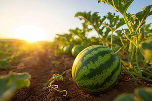 Large green watermelon growing under the sun in an open field at sunset, a Food & Drink Photo by AlyaAnd