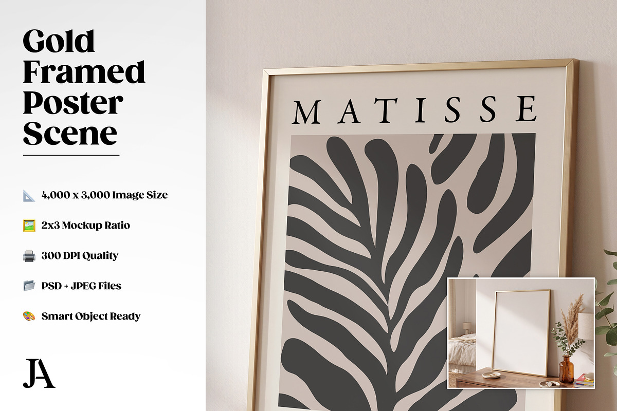 Gold Framed Poster 2x3 PSD Mockup, a Household Mockup by Julian Adams (Photo 2 of 3)