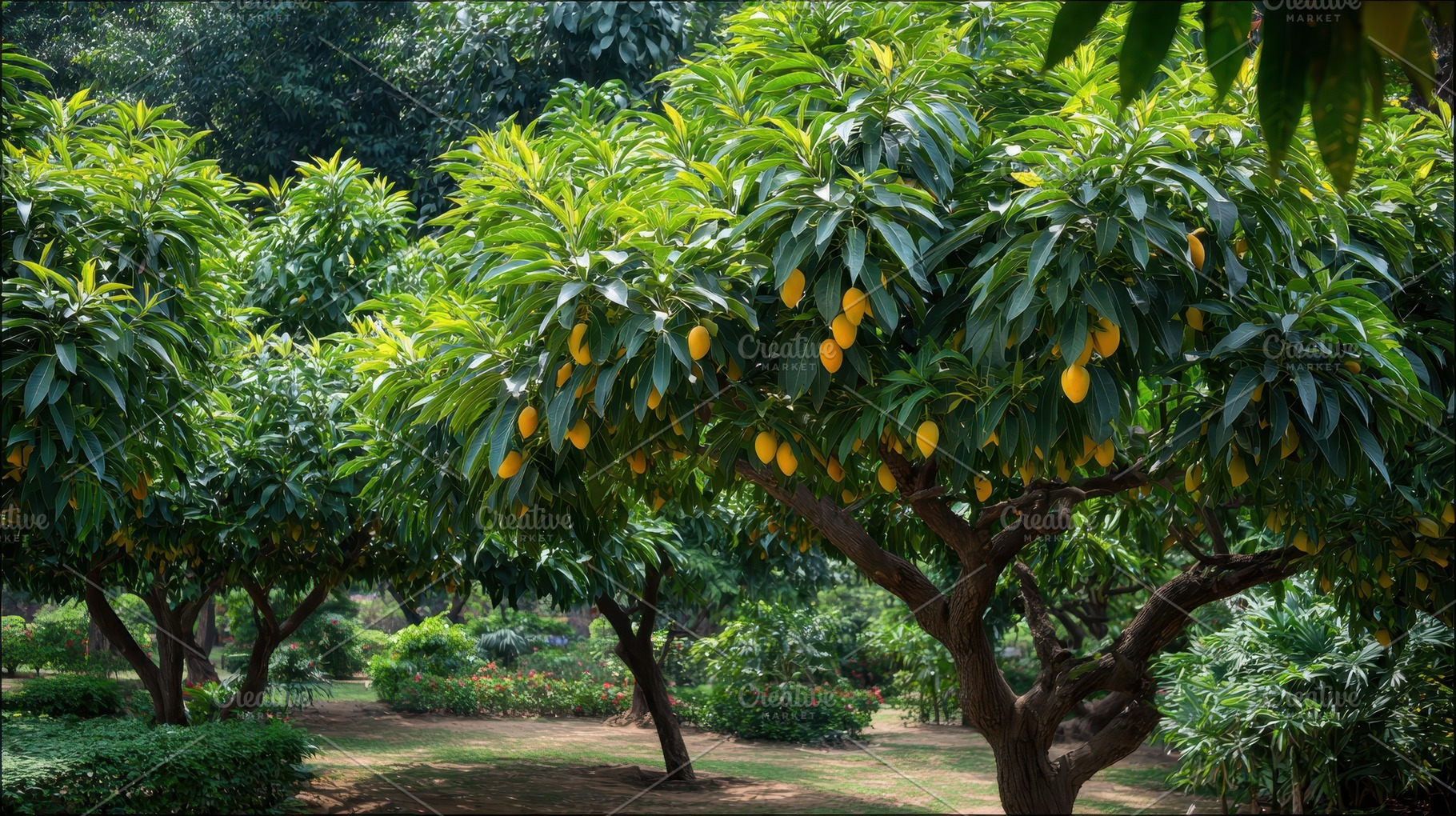 Mango trees laden with ripe fruit, a Photo by Pavel_design