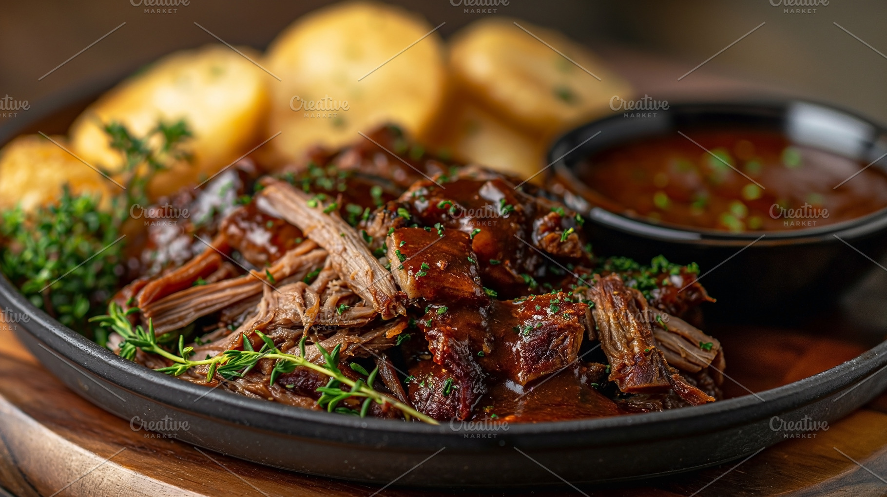 A rich, savory plate of shredded beef in barbecue sauce, accompa, a Food & Drink Photo by ImageMir