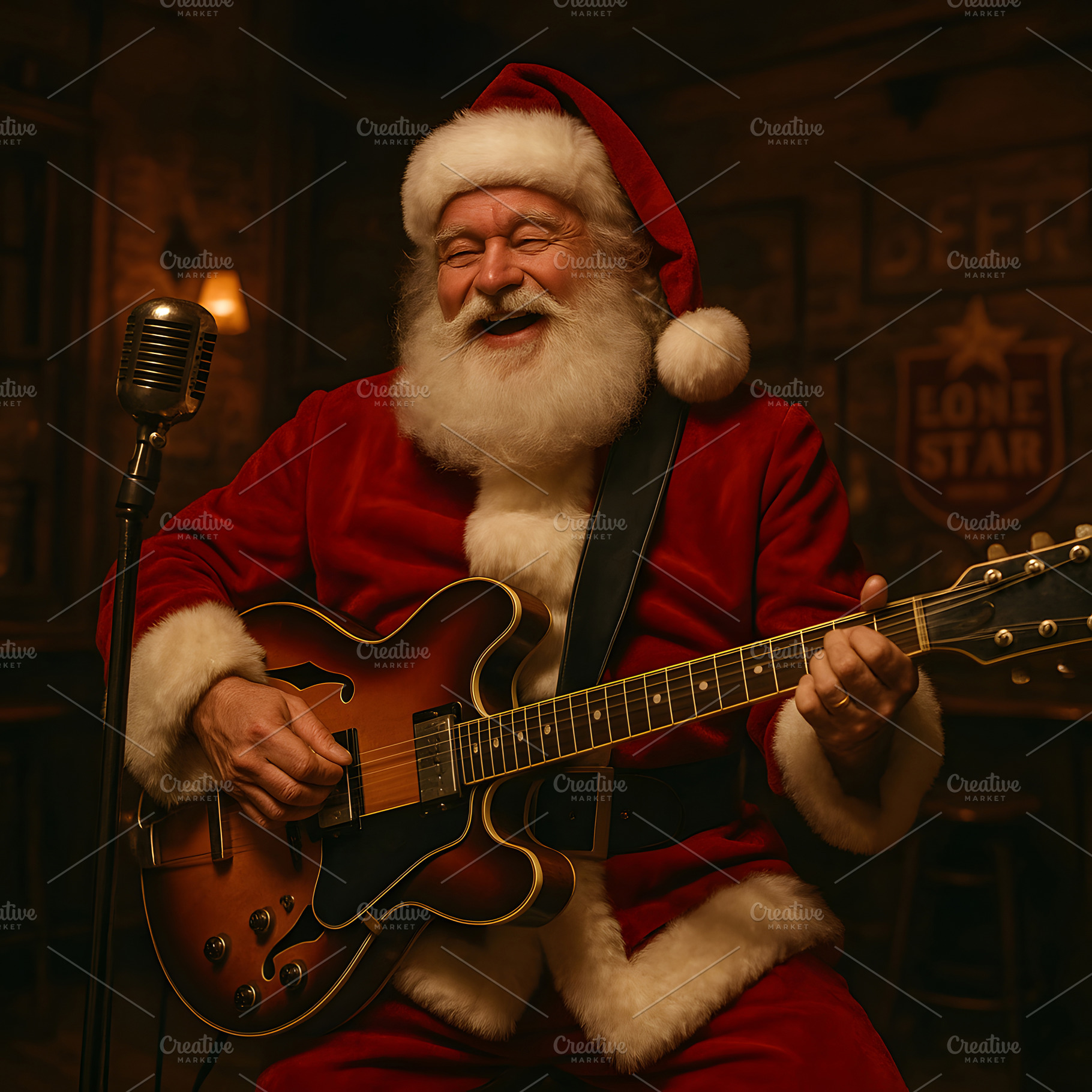 Santa Claus playing electric guitar singing into vintage microph, a Holiday Photo by GoodGoods