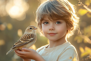 A boy smiles while cradling a small bird in his hands, surrounded by nature., a Person Photo by AlyaAnd