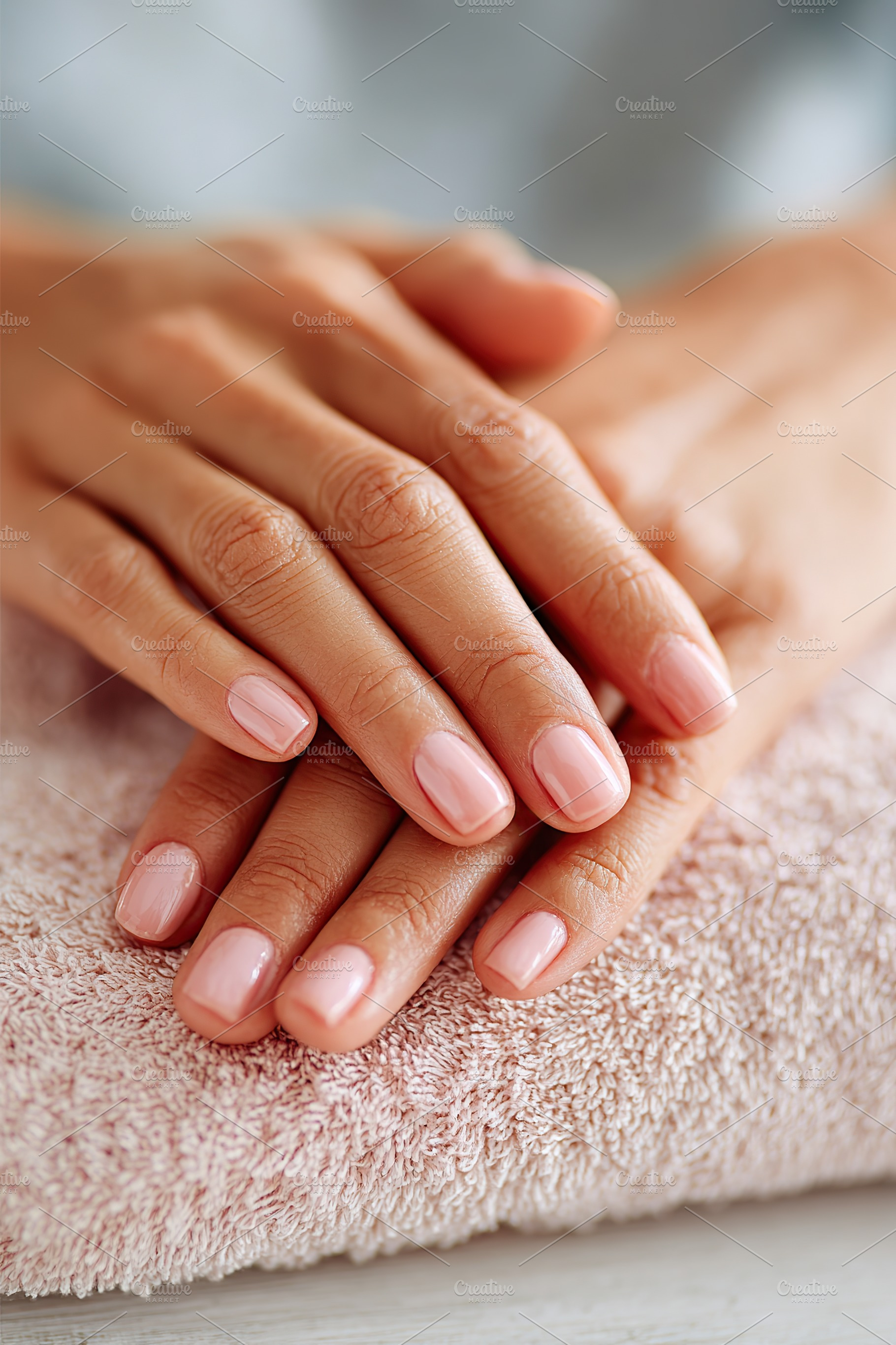 Women's hands with well-groomed nails resting on soft towel after manicure sess, a Beauty & Fashion Photo by AlyaAnd