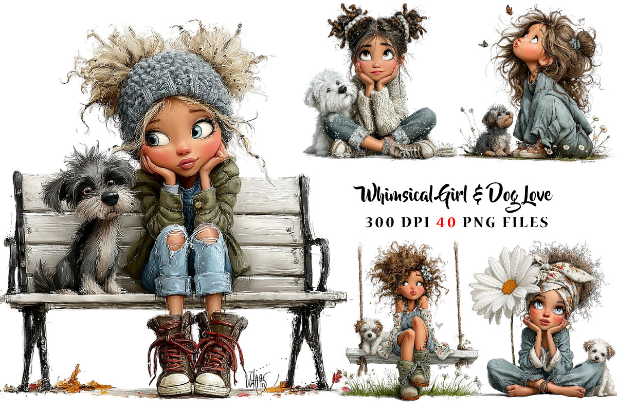 Whimsical Girl & Dog Love, a Seasonal Illustration by CreationArt (Photo 1 of 5)