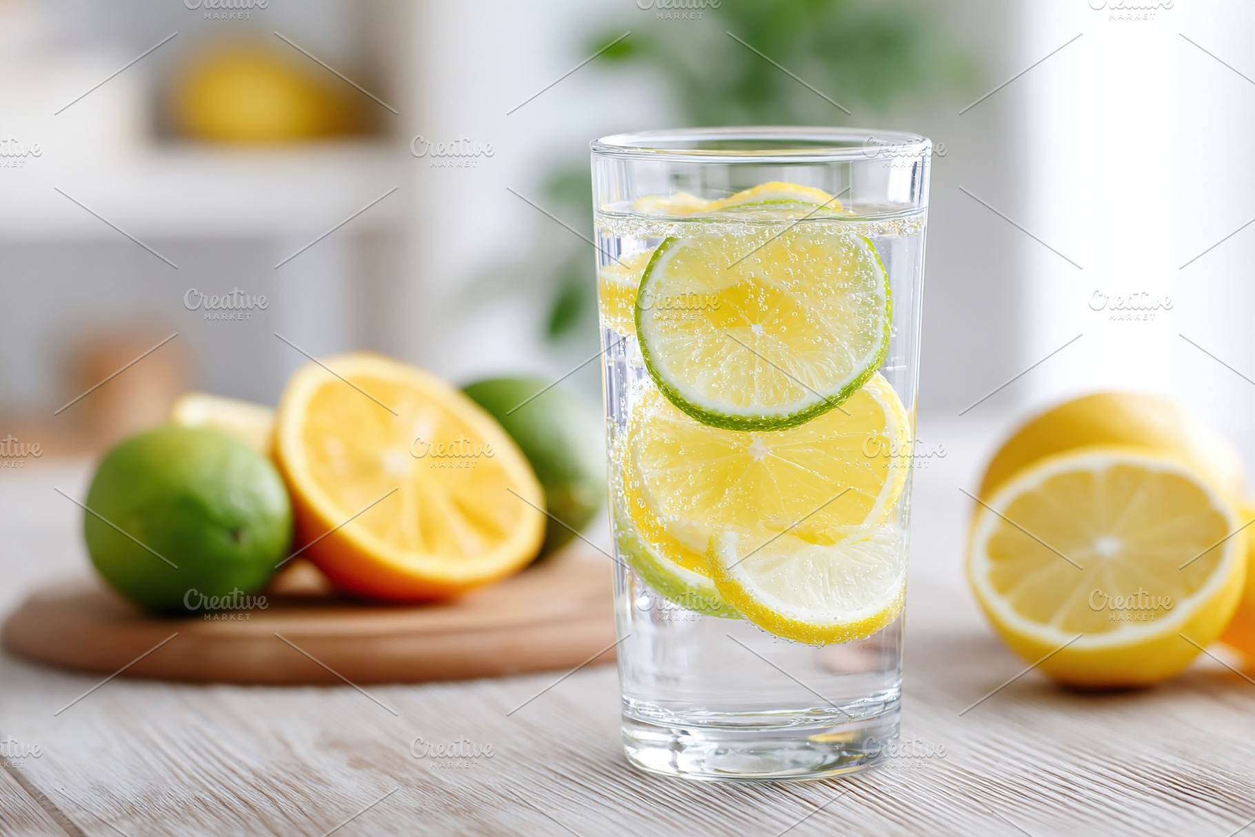 Refreshing cold citrus water garnished with lemon and lime slices on a minimali, a Food & Drink Photo by AlyaAnd
