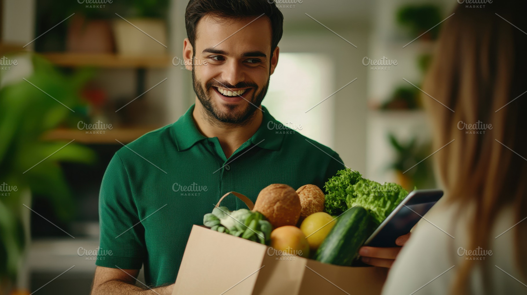 Smiling man presents fresh groceries, a Photo by Beautiful things