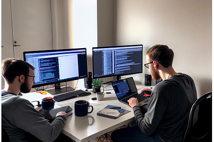 two coders working, a Technology Photo by Neirfy
