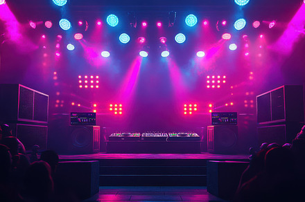 Neon stage DJ setup concert music pa, a Background Photo by Pixeness