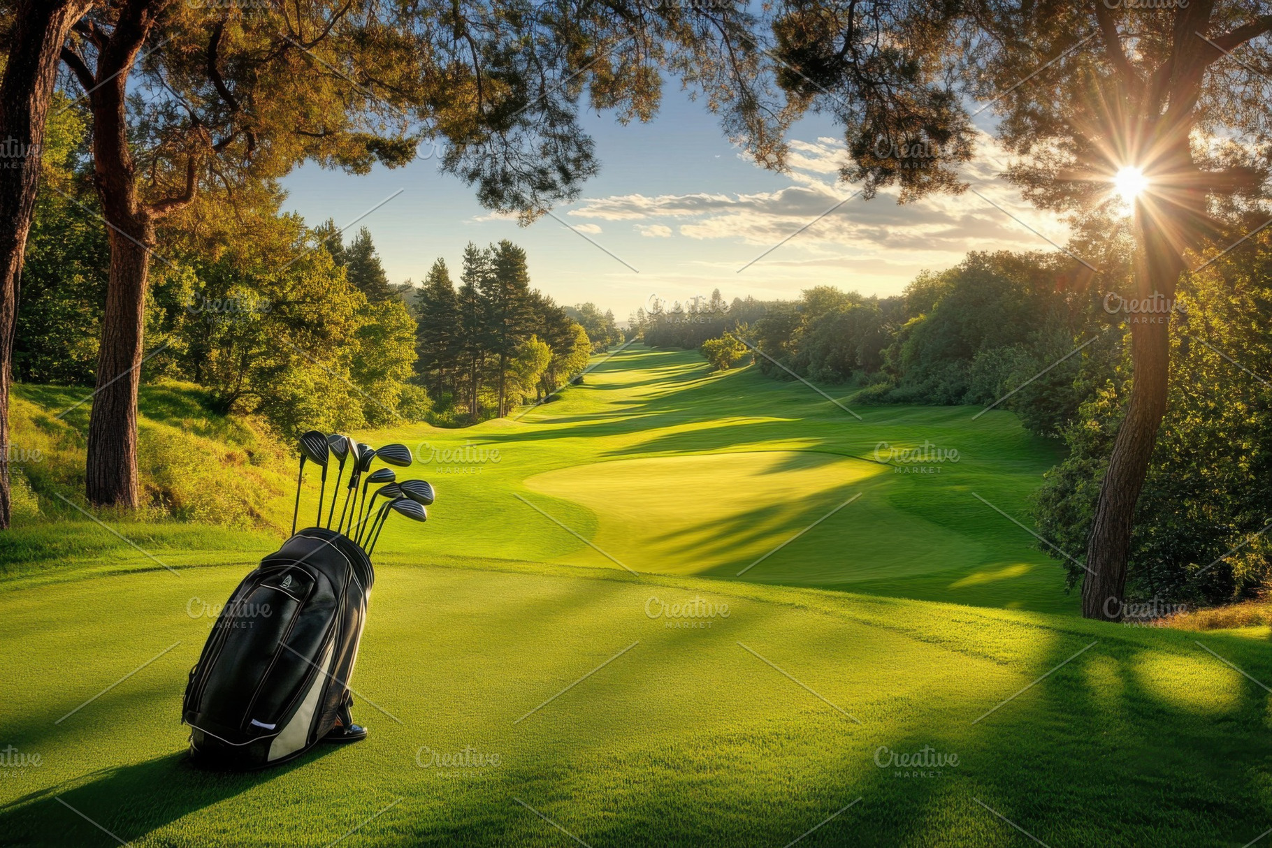 Golf bag with clubs rests on a lush, a Photo by Iftikhar Alam