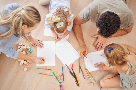 Family with creative children drawing on paper,  home school and fun educational activity, learning and project. Above of parents, kids doodle, color and play for healthy growth, development and art, a Photo by Peopleimages.com