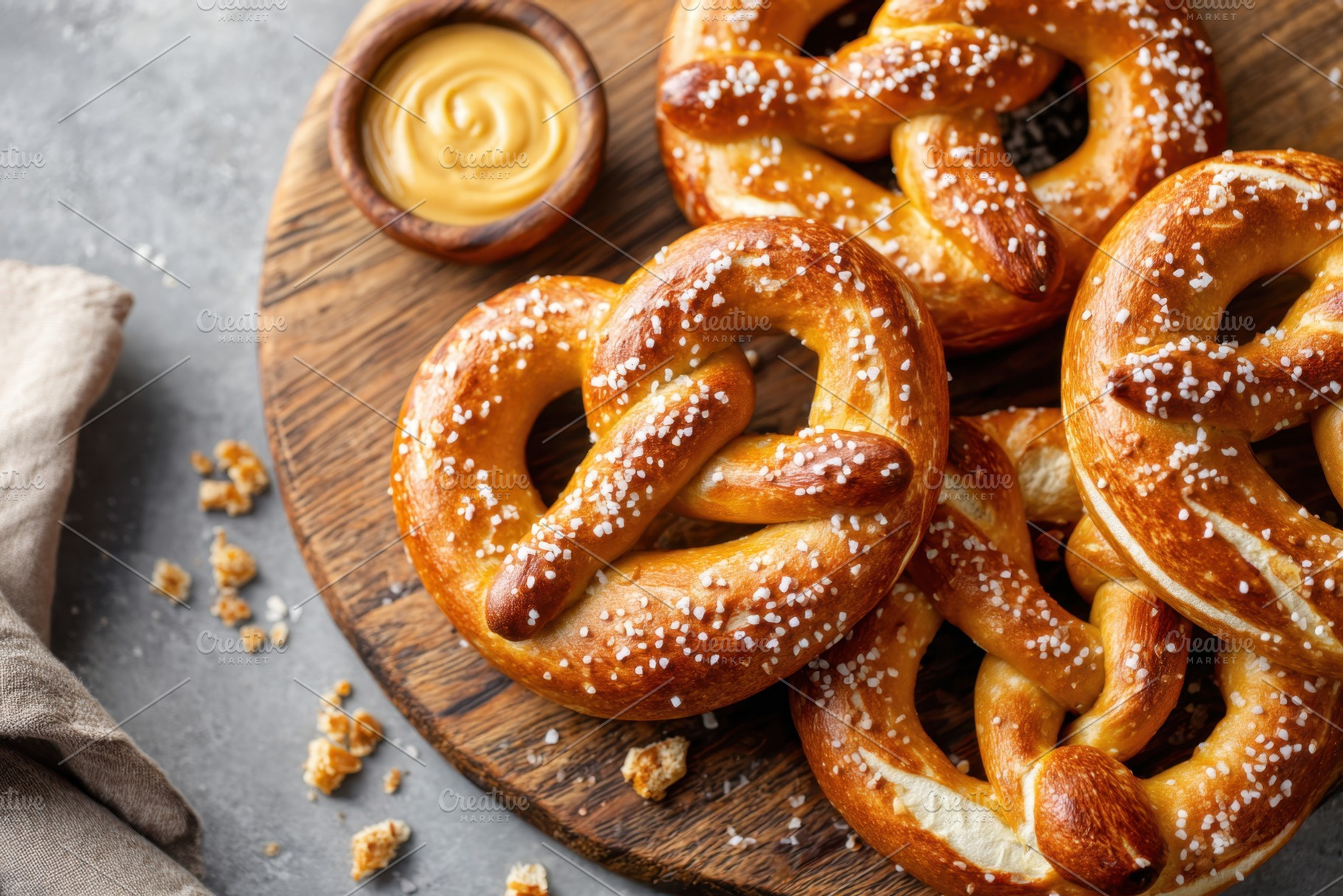 Freshly baked pretzels with mustard, a Food & Drink Photo by AlyaAnd