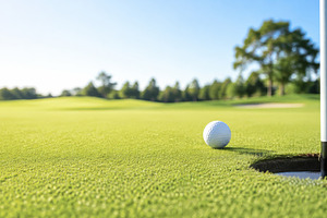 Golf ball on lush green course near