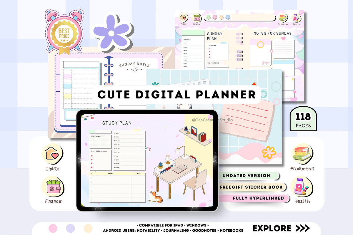 Cute Undated Digital Planner, a Stationery Template by Tas Creative Studio (Photo 3 of 9)