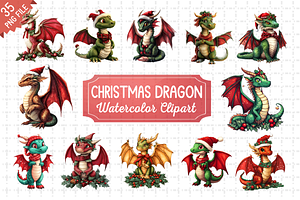 Christmas Dragon Watercolor Bundle