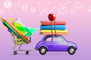 Back to school car animation featuring cart, sale, and shopping