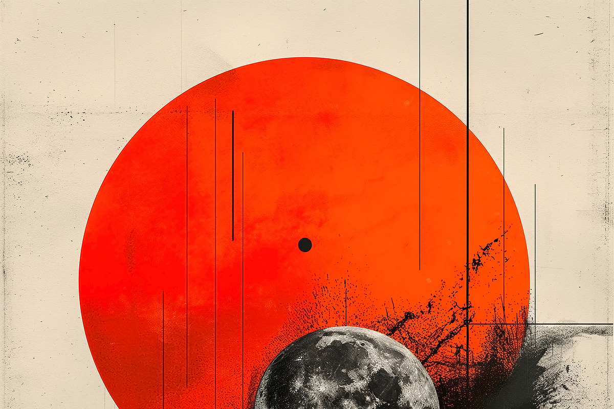 A striking abstract design featuring a large red sun and a detai, a Decorative Illustration by ImageMir