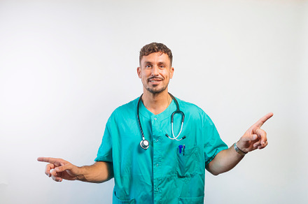 Doctor Pointing Both Ways with Smile