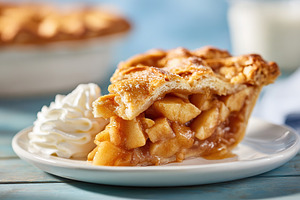 Delicious apple pie slice with whipped cream served on a white plate and blue w, a Food & Drink Photo by AlyaAnd