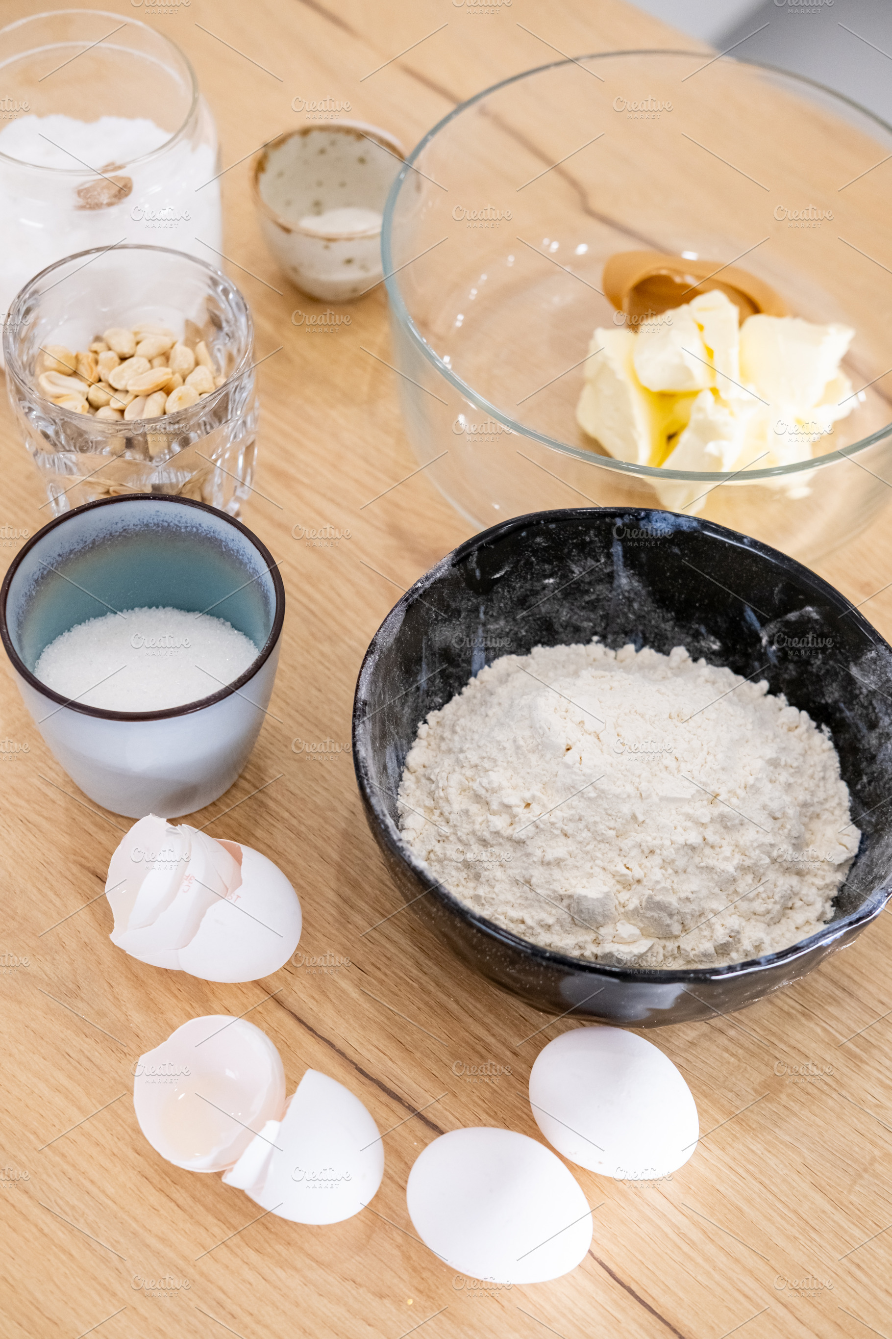 Baking ingredient preparing food kitchen table cup, a Food & Drink Photo by Photo Drive Studio