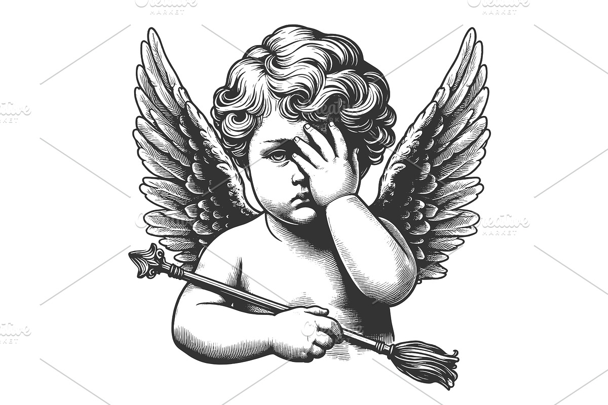 Frustrated Cherub with Hand Over, an Illustration by AlexArt