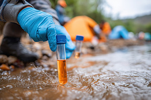 Water analysis kit used to examine muddy water in a field study by a river bank, a Photo by AlyaAnd