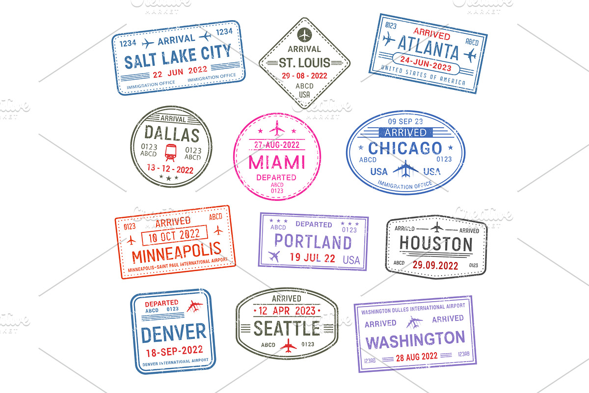 Passport travel stamps, USA visa, a Work Illustration by Vector Tradition