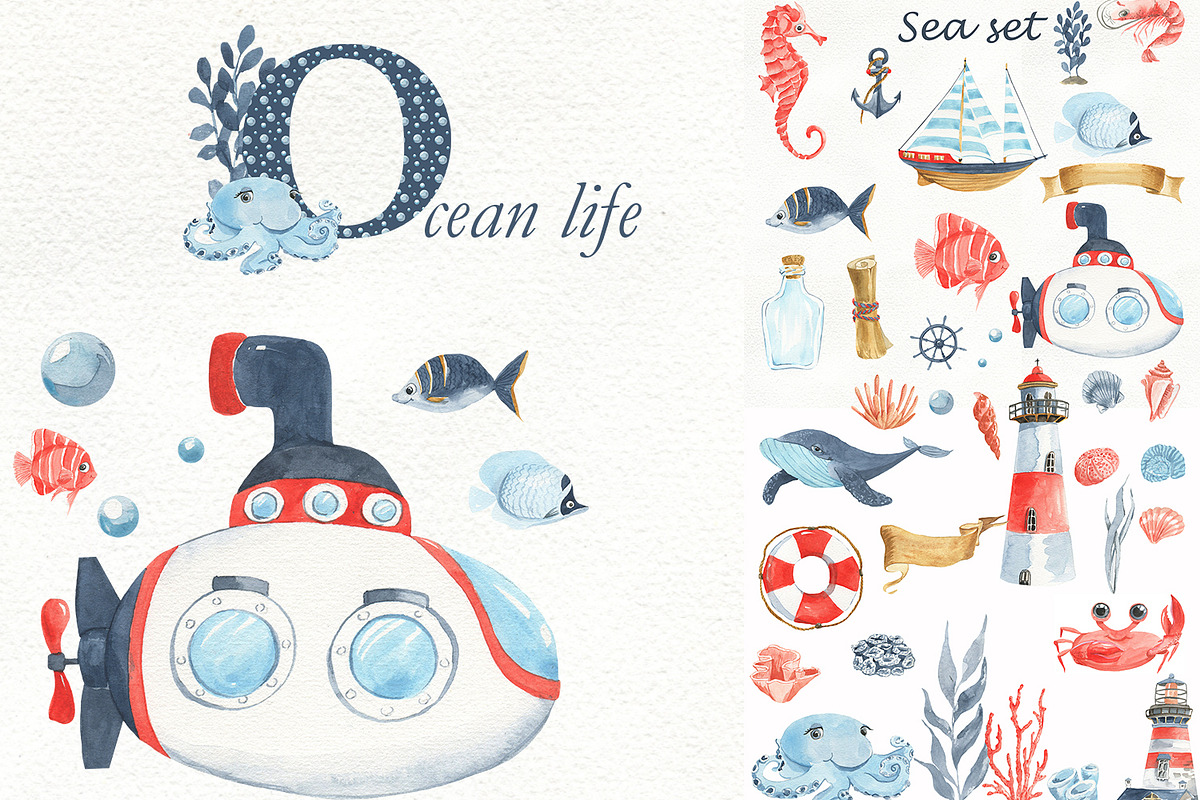 Marine set watercolor, an Animal Illustration by Love Watercolor Store (Photo 1 of 6)