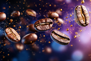 Coffee Beans and Sugar Crystals in a Vibrant Blue and Orange Sce, an Abstract Photo by Natalia Klenova's Shop