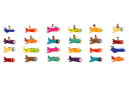 Kids flying plane icons set. Pilots, a Transportation Illustration by Ylivdesign