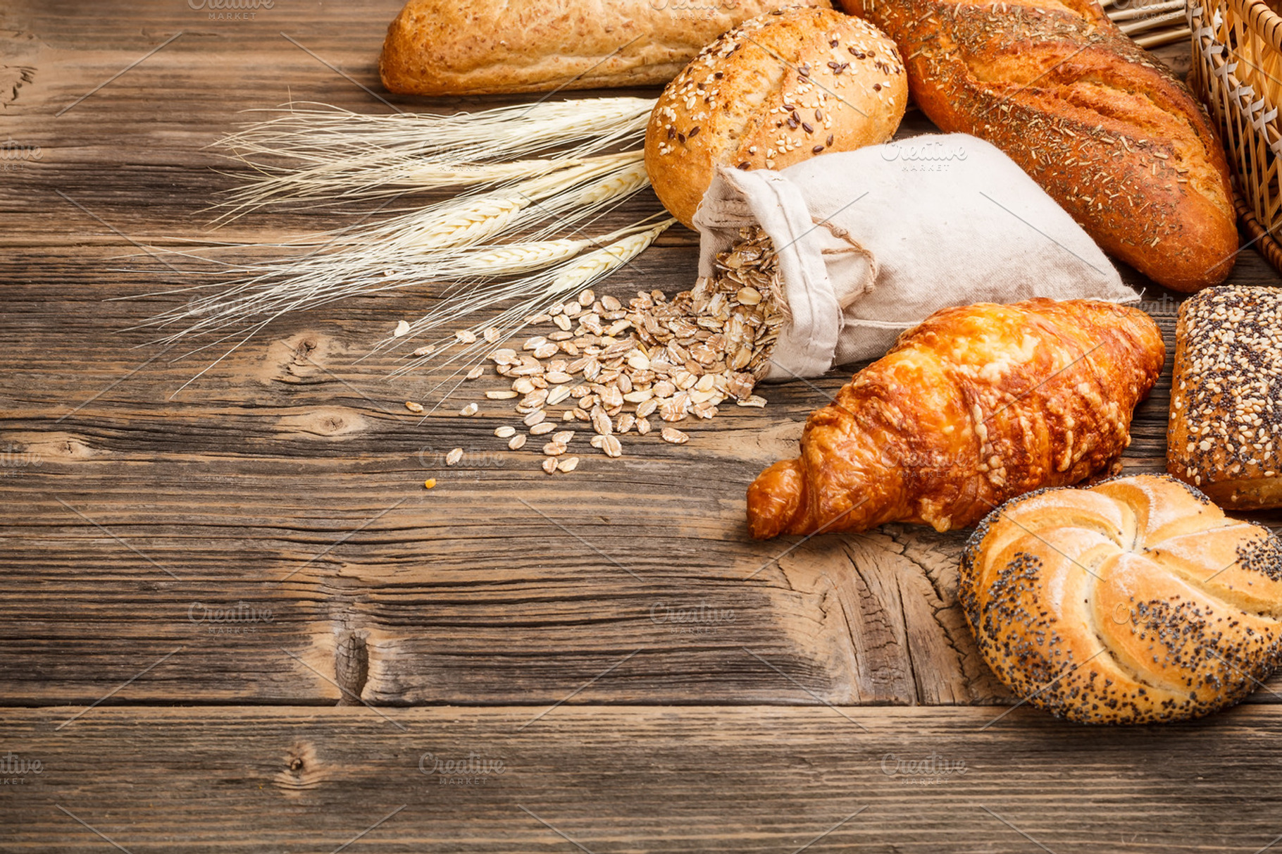 Different types of bread containing assortment, background, and bakery