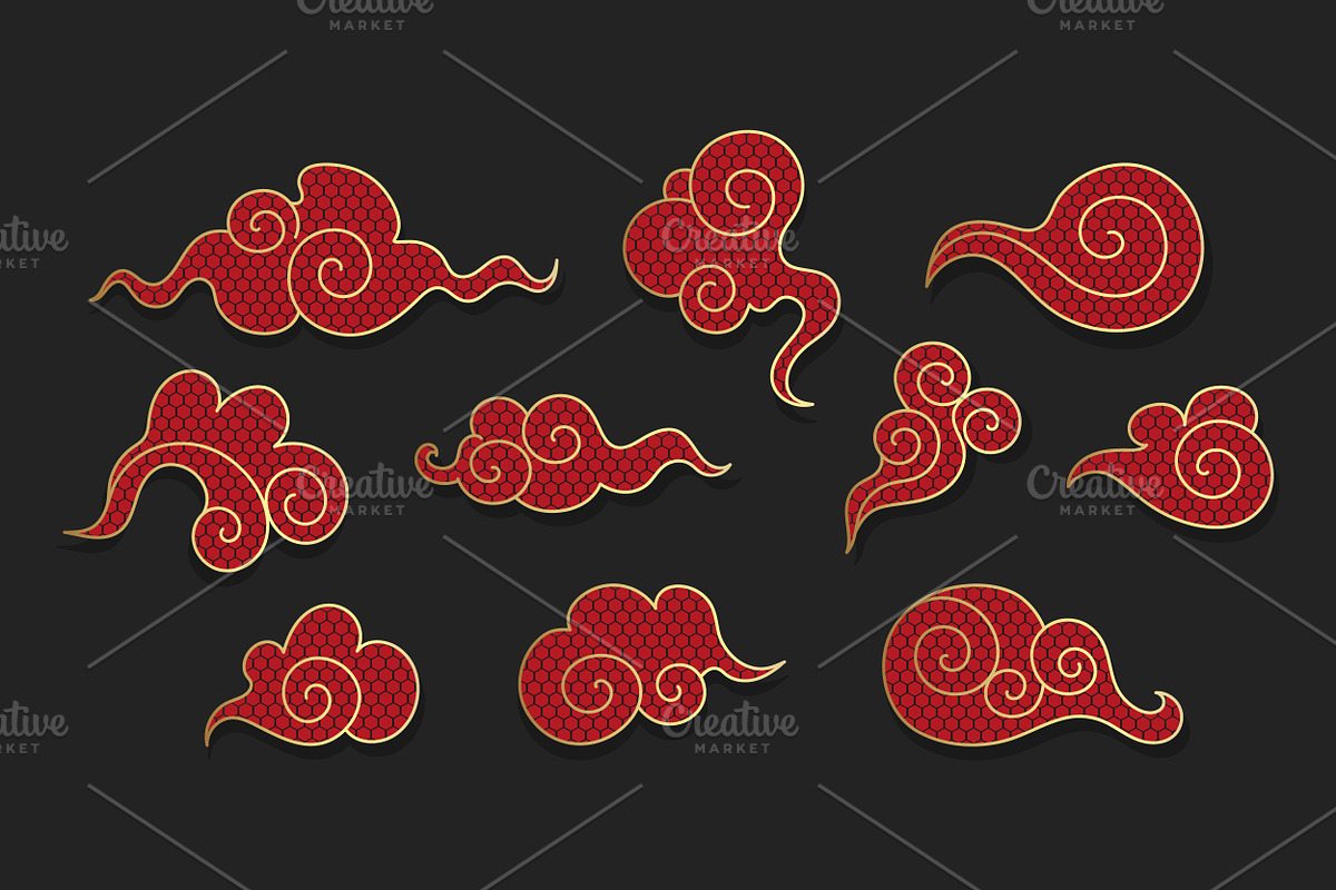 Red Asian Swirl Clouds Set, a Decorative Illustration by PsychocheArt (Photo 3 of 3)
