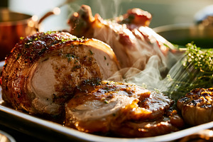 Steaming roasted pork joint with gravy, fresh herbs and whole garlic cloves on, a Photo by Studio ANNA