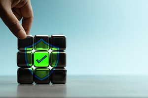 Multi-layer cybersecurity verification with approved shield icon, a Photo by salmon.black