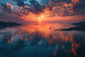 Colorful sunset over tranquil sea with dramatic clouds, distant, a Nature Photo by José Manuel Gelpi
