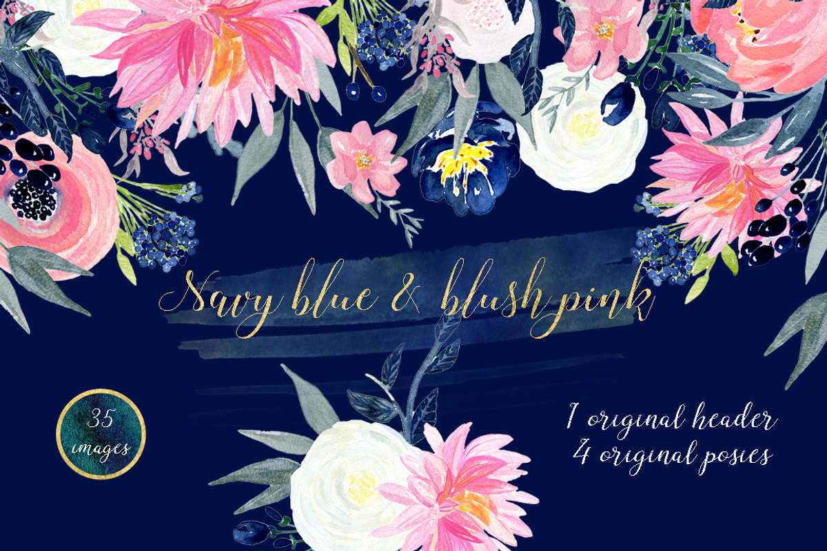 Navy blue & blush pink flowers, a Texture Illustration by LABFcreations (Photo 4 of 6)