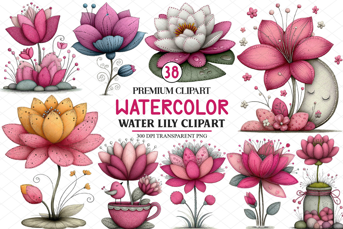 Watercolor Water Lily Clipart, an Illustration by cherrydesign (Photo 1 of 4)