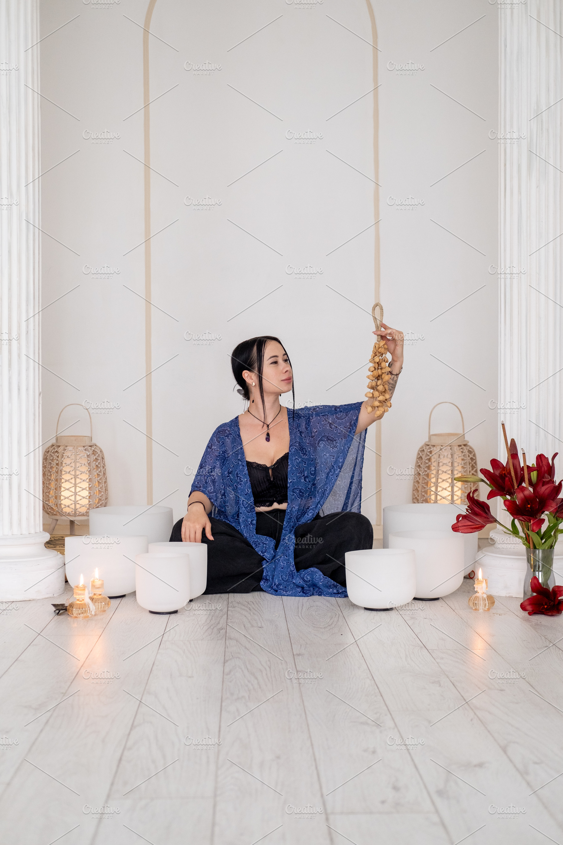 Flow chimes sound meditation woman singing bowls, a Person Photo by Photo Drive Studio